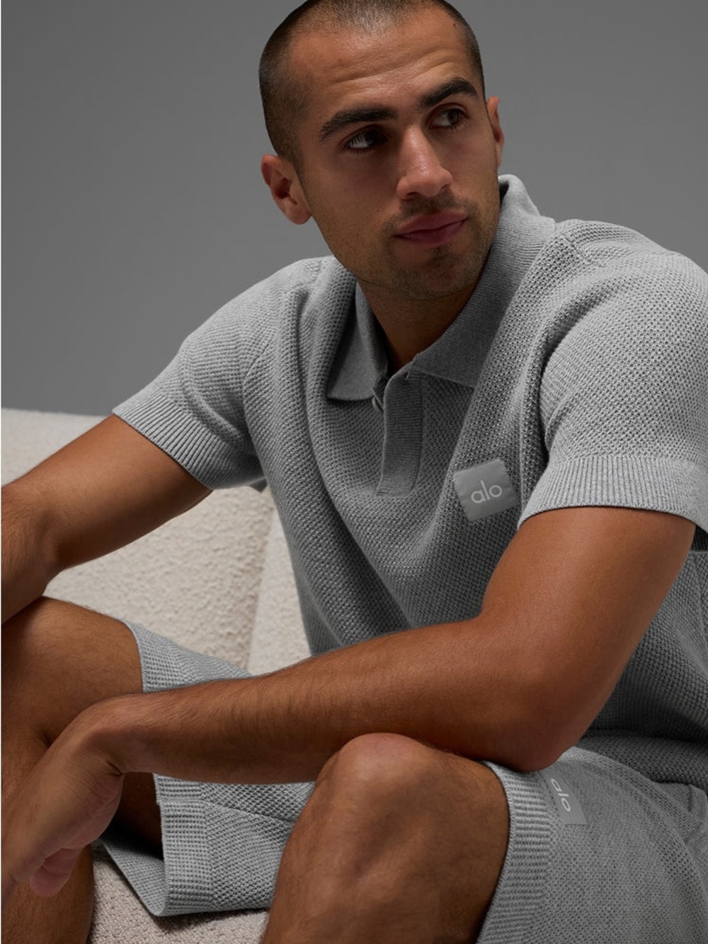 ALO Yoga Sports Club Sweater Knit Polo Athletic Heather Grey Mens Polo Gray - Picture 4 of 8